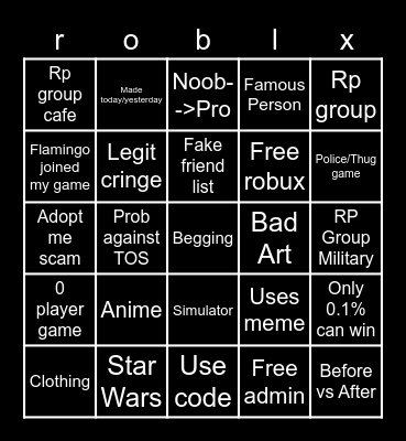 roblox ad bingo Card