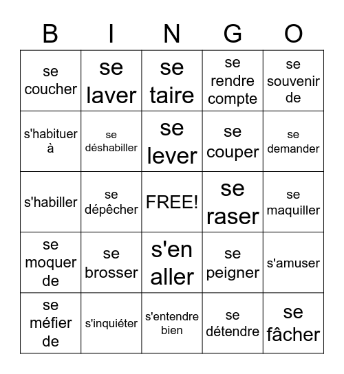 Verbes Réfléchis Bingo Card