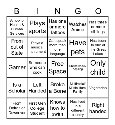 Meet and Greet Diversity Bingo Card