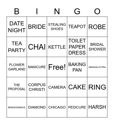 Jill's Bridal Shower Bingo Card