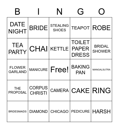 Jill's Bridal Shower Bingo Card