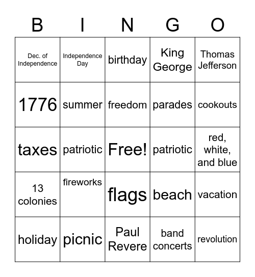 Fourth of July Bingo Card