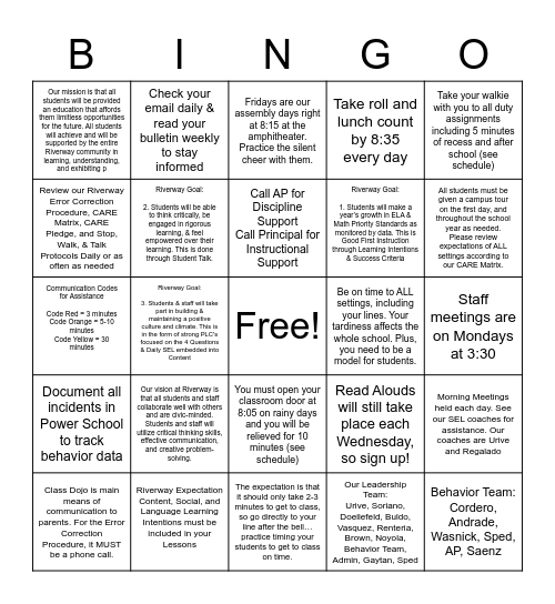 RIVERWAY BINGO Card