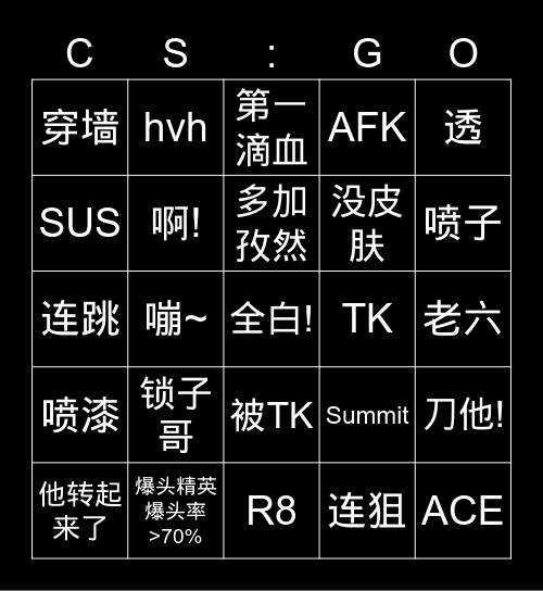CSGO 五连挑战 Bingo Card