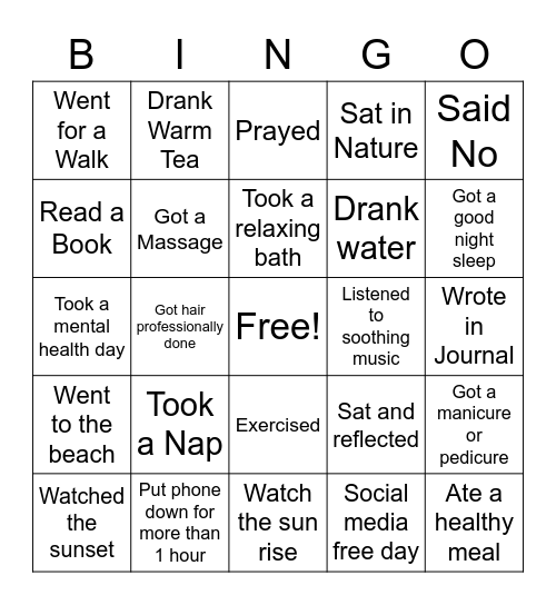 Self Care Bingo Card