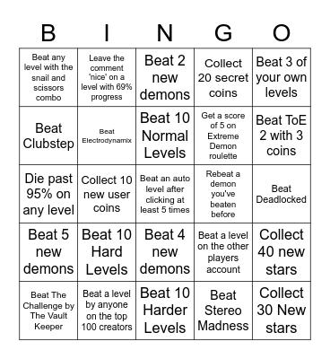 geomy dash Bingo Card