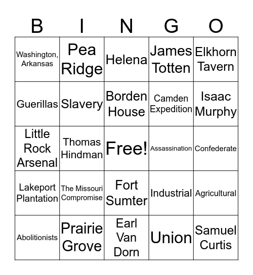 Arkansas Civil War Bingo  Bingo Card