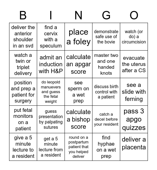 OBGYN-go Bingo Card