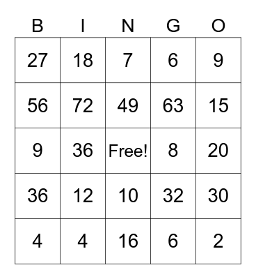 Multiplcation Facts 1-9 Bingo Card