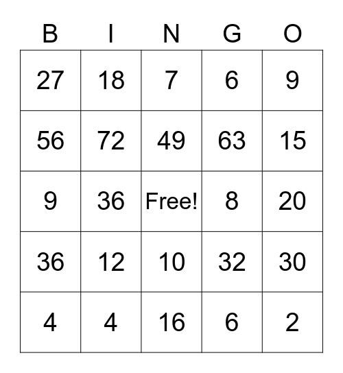 Multiplcation Facts 1-9 Bingo Card