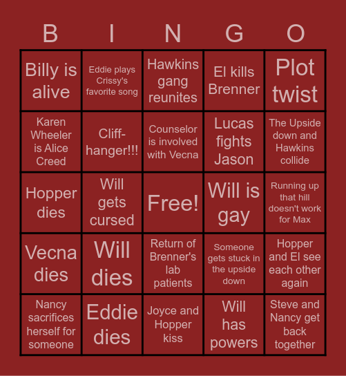 Stranger Things Bingo Card