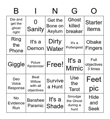 Phasmo Bingo Card