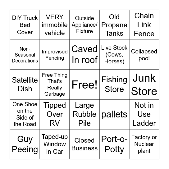 Red Neck Bingo Card