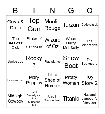 Songs in Movies Bingo Card