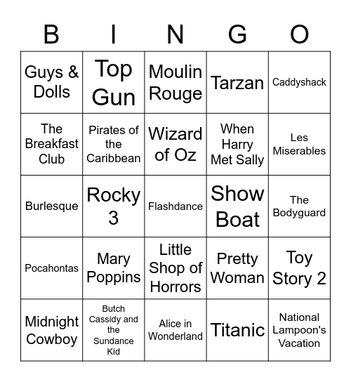 Songs in Movies Bingo Card