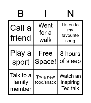 Mental Wellness Bingo Card