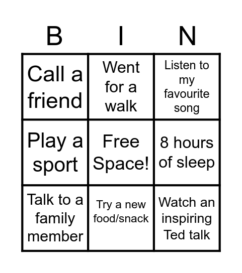 Mental Wellness Bingo Card