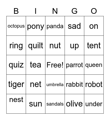 N-U Bingo Card