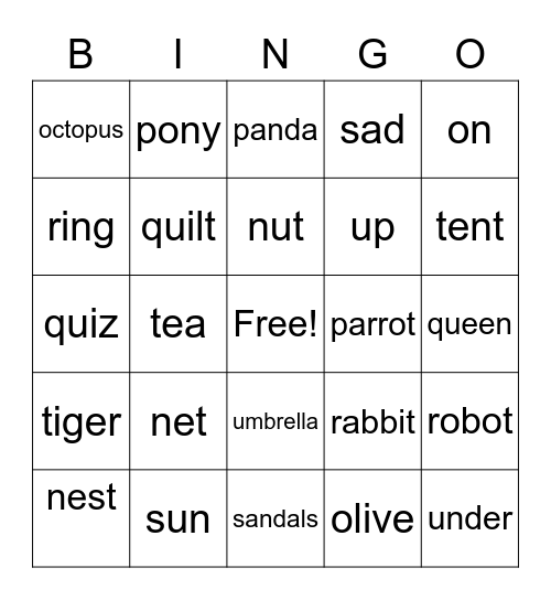 N-U Bingo Card