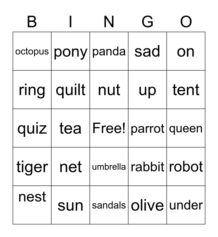 N-U Bingo Card