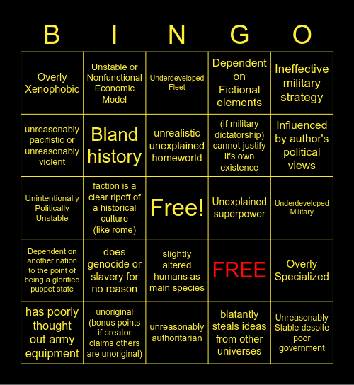Poorly Thought Out Sci-fi Civilization Bingo Card