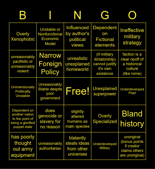 Poorly Thought Out Sci-fi Civilization Bingo Card