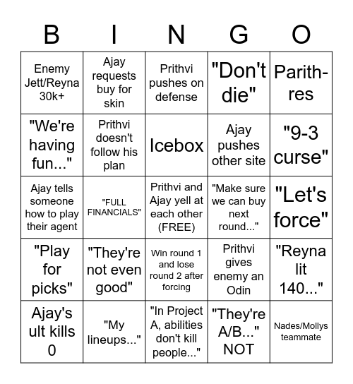 Valo with Prithvi and Ajay Bingo Card