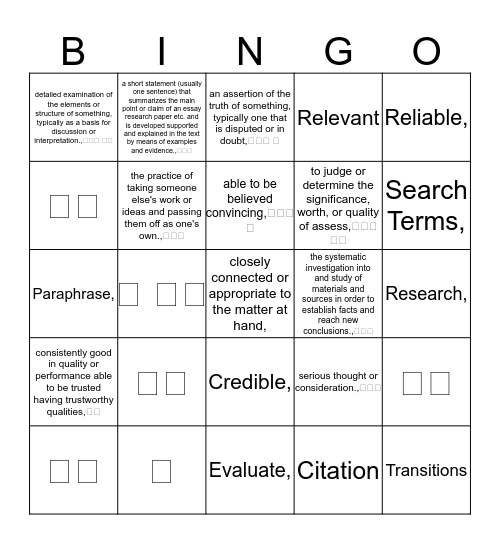 Unit 2 Academic Vocabulary Bingo Card