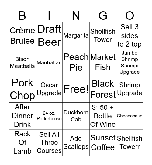 Dinner Bingo 9/23/15 Bingo Card