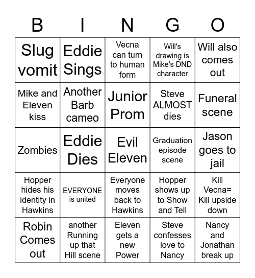 Stranger things Bingo Card