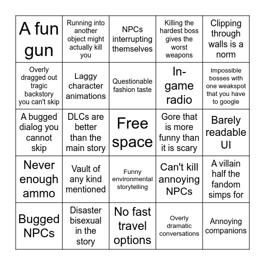 Shooter Game Bingo Card