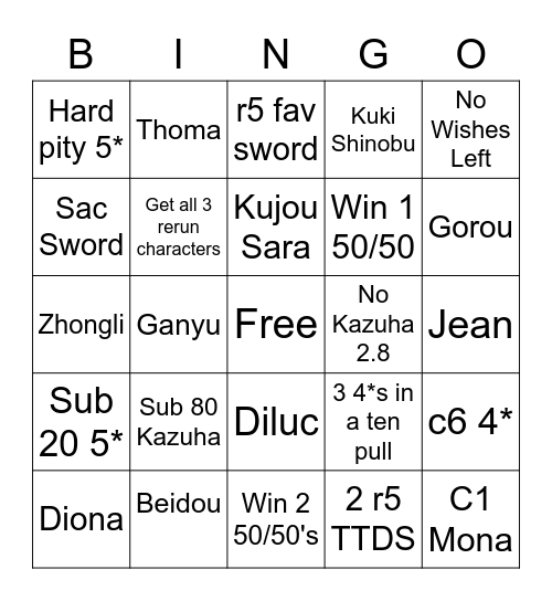 Genshin Pulling Fuckfest Bingo Card