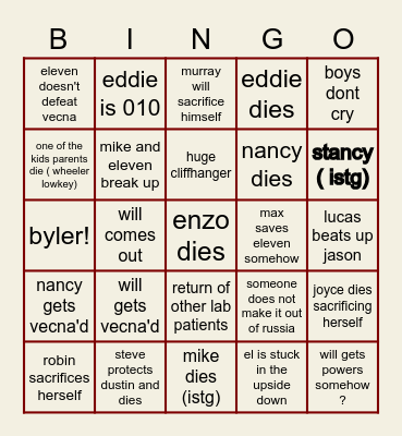 STRANGER THINGS SEASON 4 VOLUME 2 Bingo Card