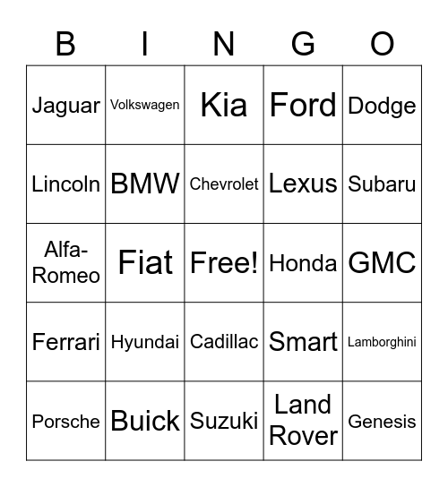 Car Bingo Card