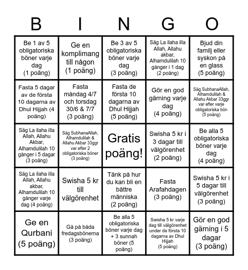 Dhul Hijjah Bingo Card