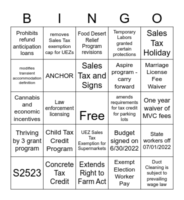 OLA Budget Bingo Card