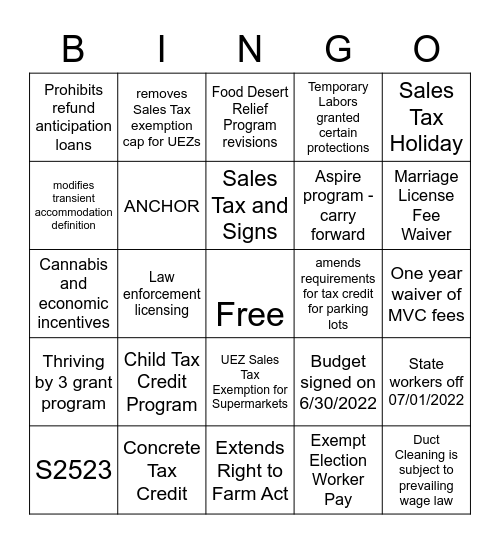 OLA Budget Bingo Card