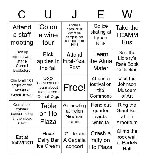 Cornell Hillel First 90 Days Bingo Card