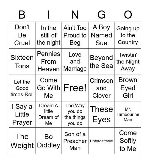 50s & 60s Bingo Card