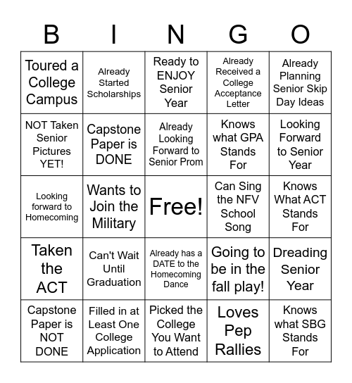 Senior Year Bingo Card