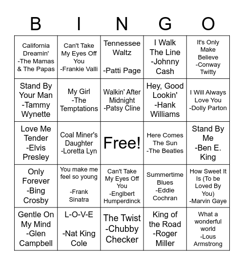 Musical Bingo Card