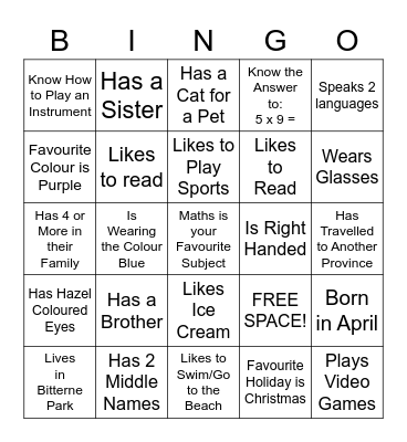 "Get to Know Me" Bingo Card