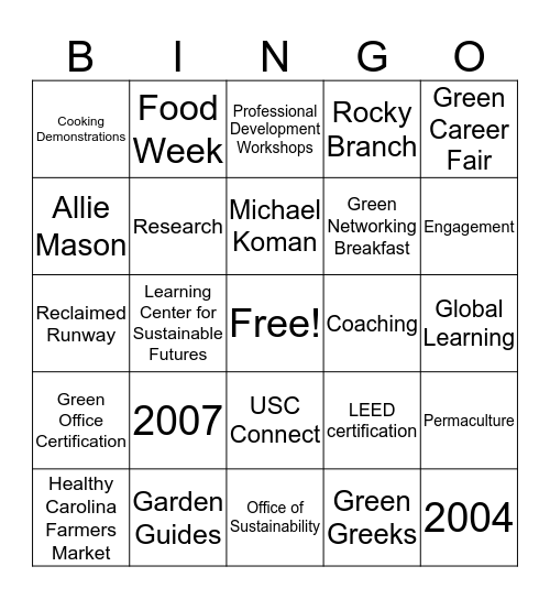 Sustainable Carolina + Graduation with Leadership Distinction Bingo Card