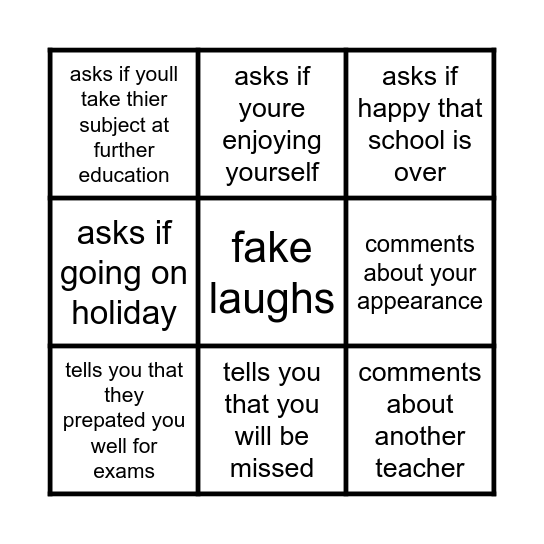 Teacher Bingo Card