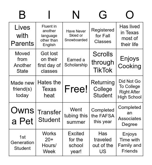 First Generation Bingo Card