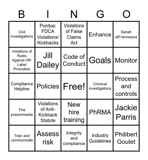 Compliance Bingo Card