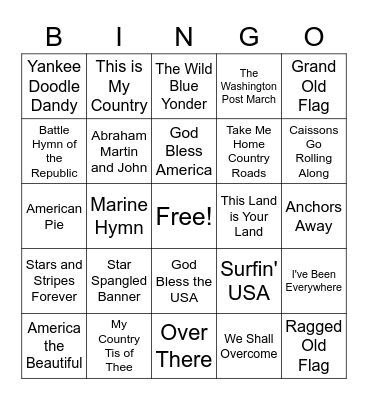 PATRIOTIC SONGS BINGO Card