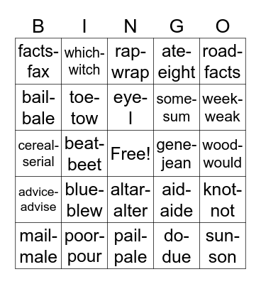 Homophones Bingo Card