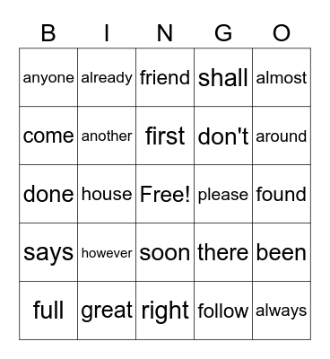 High Frequency Words Set #4 Bingo Card