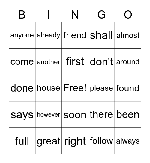 High Frequency Words Set #4 Bingo Card